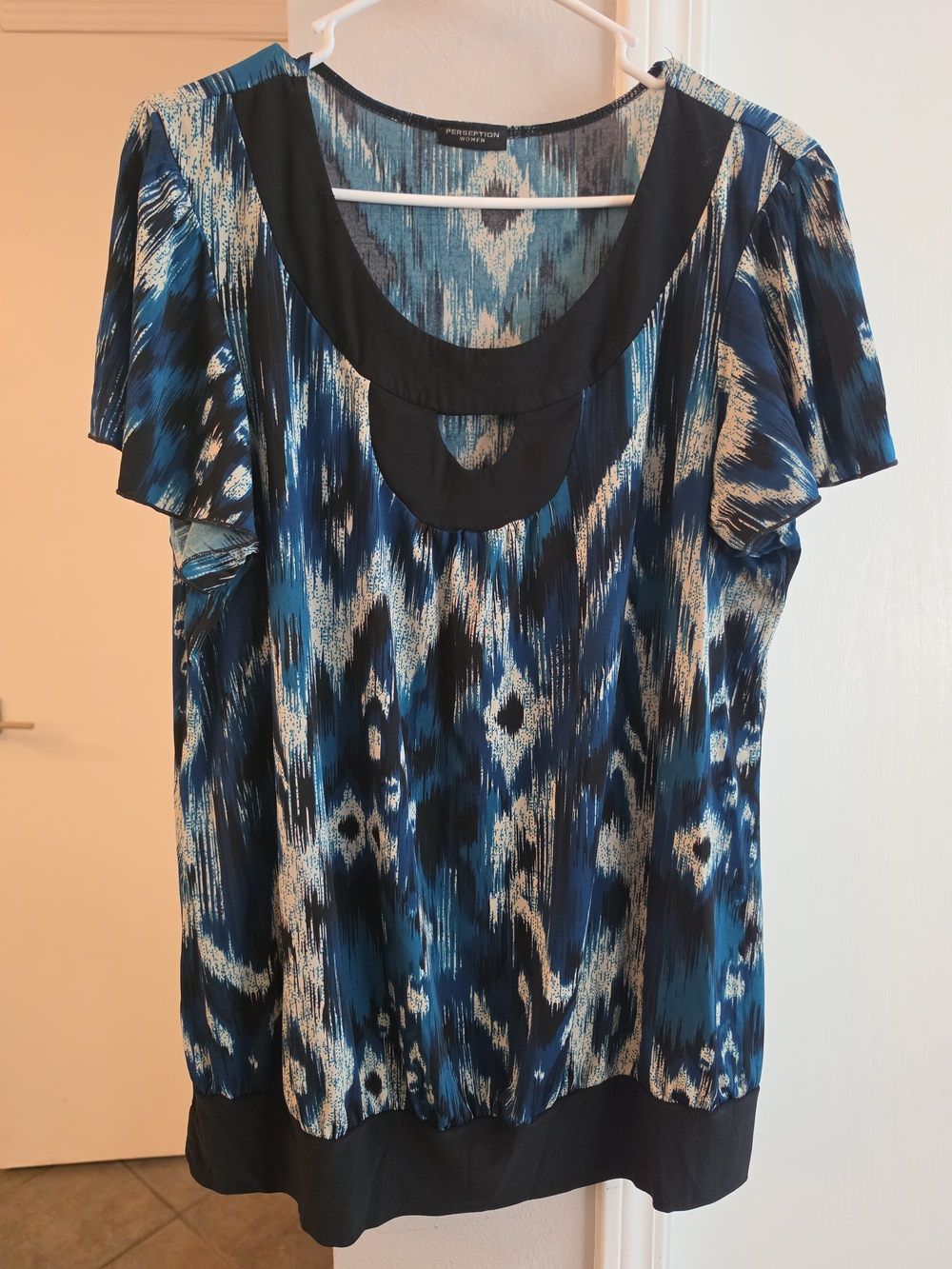 Perseption Blue and Black Patterned Scoop-Neck Keyhole Blouse